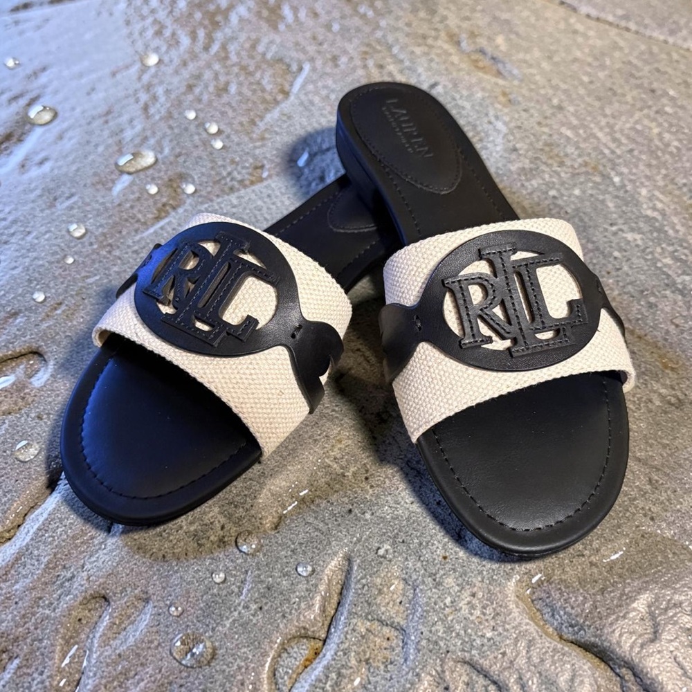 Ralph Lauren Black and Cream Slide Sandals with RL Logo